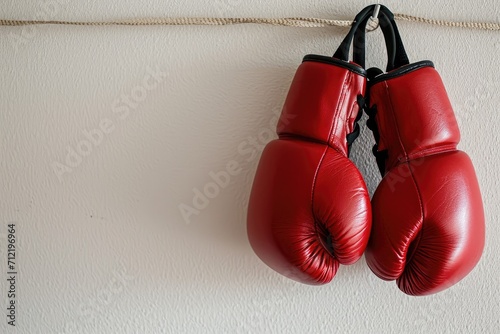 Red boxing gloves hung on wall