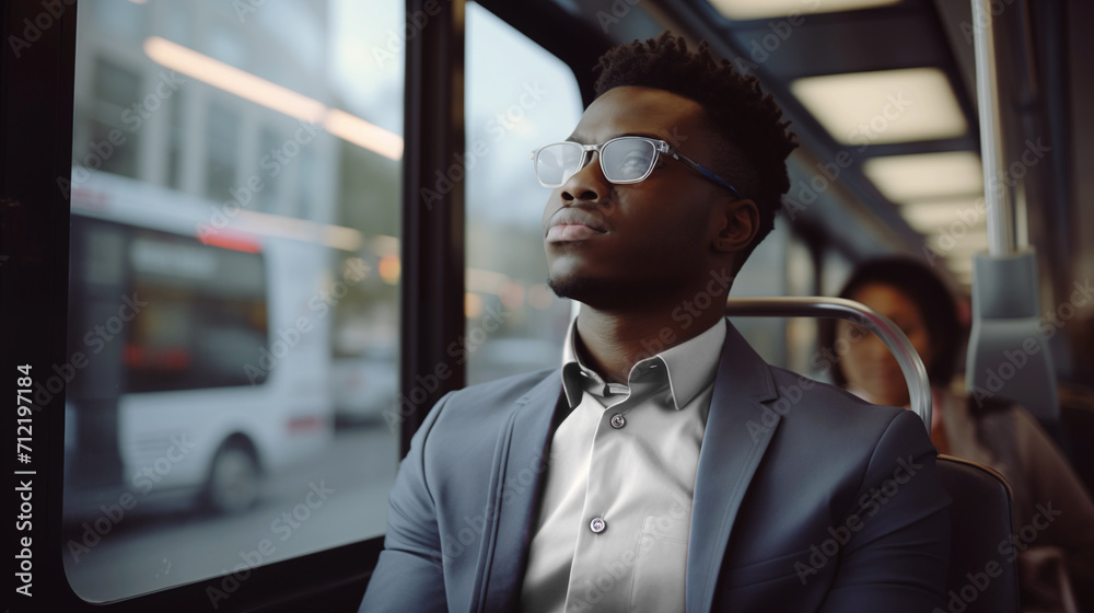 Pensive Afroamerican man commuting to work in a bus