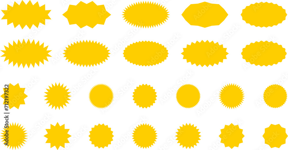 Starburst yellow sticker set - collection of special offer sale oval and round shaped sunburst labels and badges. Promo stickers with star edges. Vector. Starburst yellow sticker set - collection of special offer sale oval and round shaped sunburst labels and badges. Promo stickers with star edges. Vector.