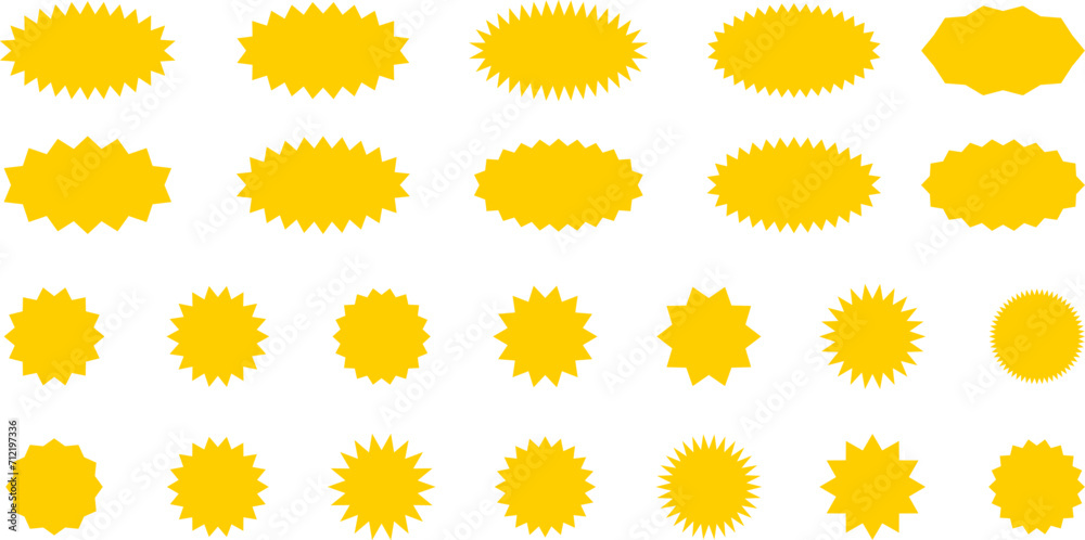 Starburst yellow sticker set - collection of special offer sale oval and round shaped sunburst labels and badges. Promo stickers with star edges. Vector. Starburst yellow sticker set - collection of special offer sale oval and round shaped sunburst labels and badges. Promo stickers with star edges. Vector.