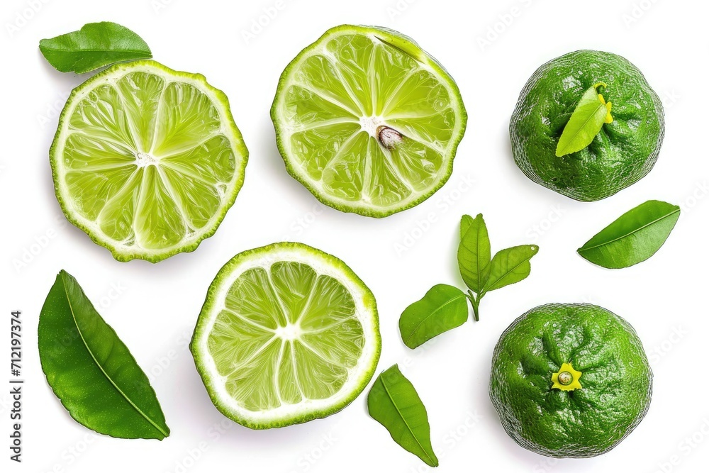 Isolated collection of bergamot slices on white