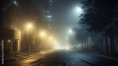 Insomnia concept, slow motion, empty blue city street in fog, light of lanterns.