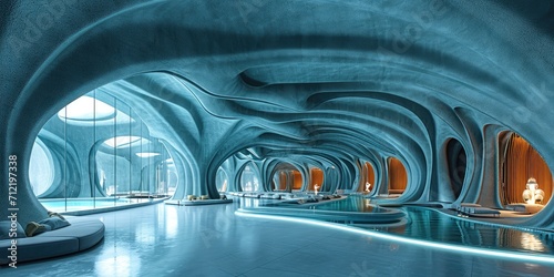 Fototapeta Naklejka Na Ścianę i Meble -  Carved blue concrete hotel interior. Generative AI.