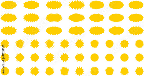 Starburst yellow sticker set - collection of special offer sale oval and round shaped sunburst labels and badges. Promo stickers with star edges. Vector.