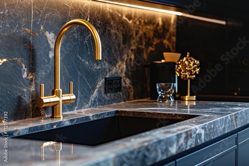 Upscale modern square brass sink and faucet in a contemporary design with a black and gold kitchen featuring a marble countertop and glass pot photo