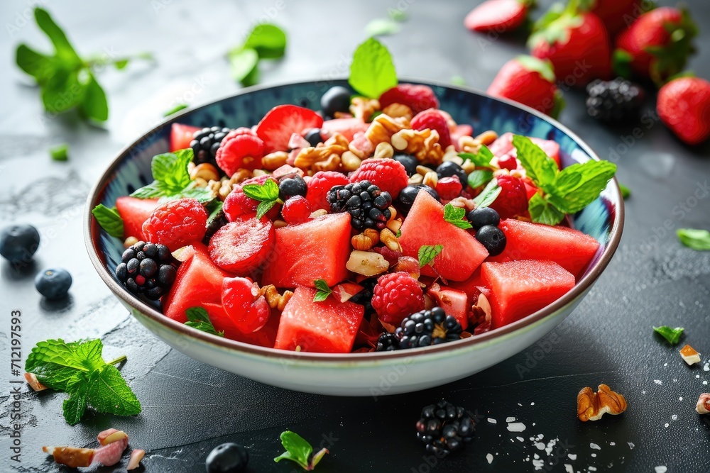 Healthy and delicious watermelon salad with fresh ingredients including nuts and berries perfect for summer