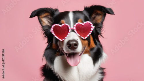 Dog in glasses in the shape of a heart on a pink background. Valentines Day. © ulkas
