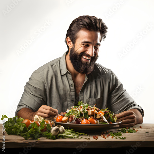 Person smiling and enjoying a healthy meal isolated on white background  png 