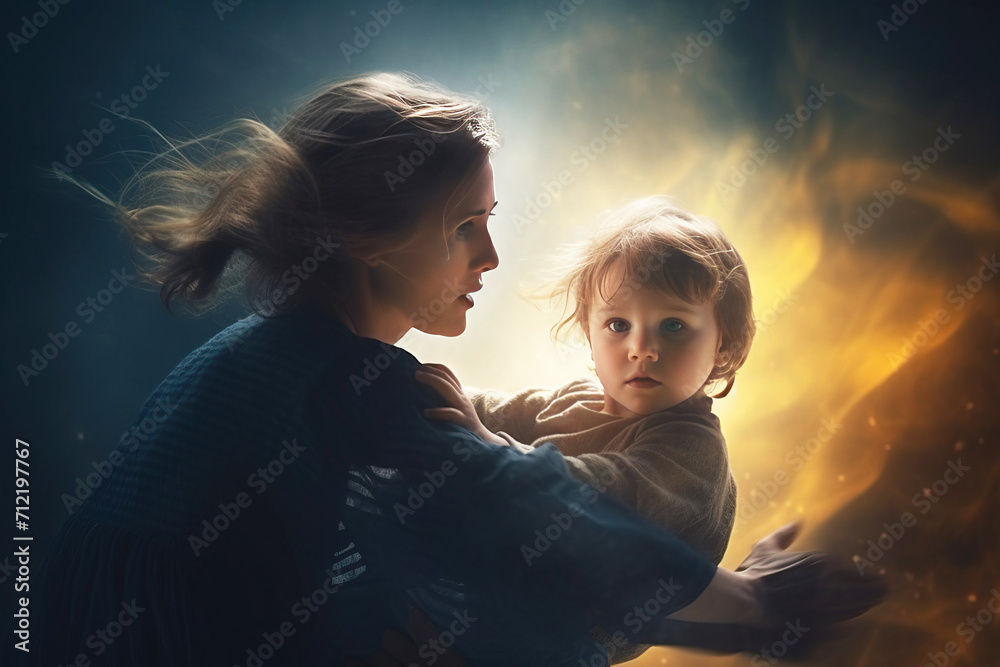 A strong, reliable woman, a mother, protects a frightened little child from threat, danger. - obrazy, fototapety, plakaty 