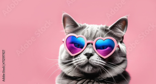 Gray cat in glasses in the shape of a heart on a pink background Valentines Day. © ulkas