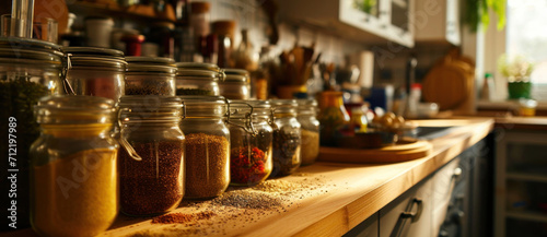 Sunlight filters through a kitchen, illuminating jars of spices on a wooden countertop, the heart of home-cooked flavor.