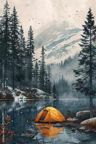 Yellow tent by a mountain lake with pine trees. Vintage outdoor adventure style. Wilderness camping concept. Design for poster, print