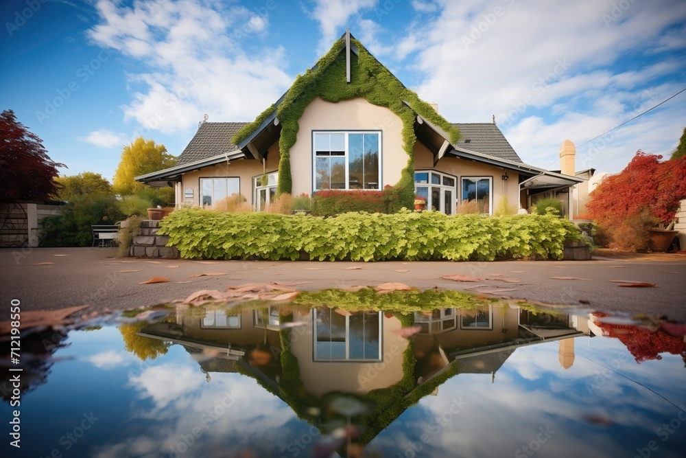 Fototapeta premium cottage with ivy reflected in pond