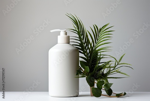 empty bottle mockup of white blanc dispenser on a white table counter © Murda