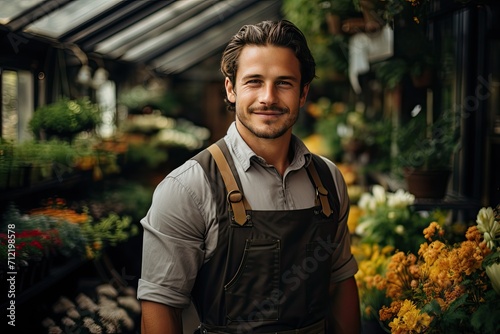 Image of handsome gardener posing in the nature greenhouse garden. Small business owner in flower shop