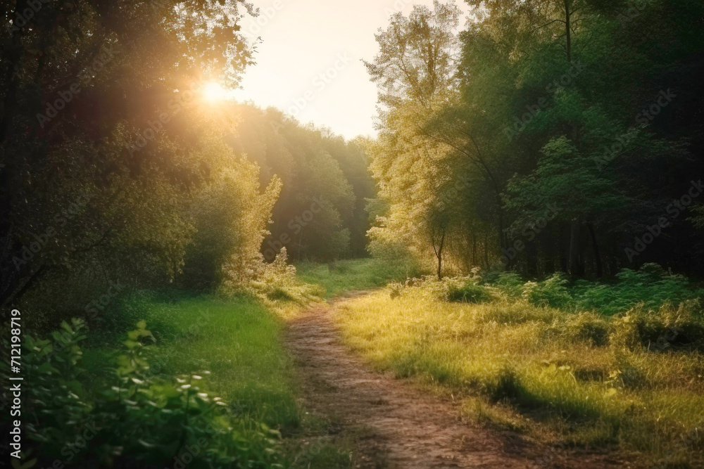 Path in a green forest in the sun. Summer nature natural environment.