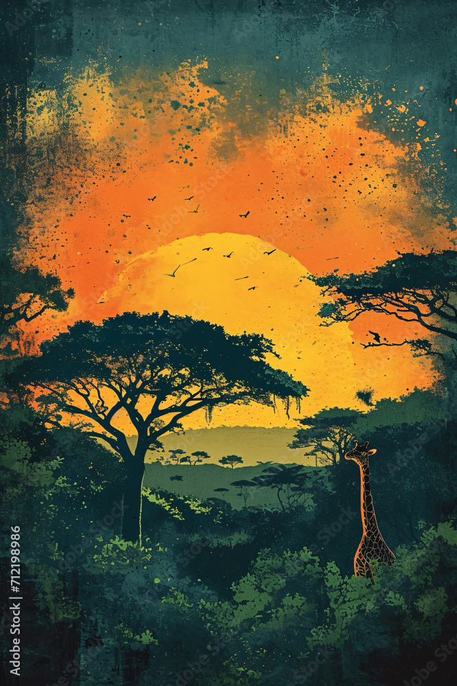 Giraffe silhouette at sunset in savanna. Grunge textured illustration. African wildlife and travel concept. Design for poster, print Giraffe silhouette at sunset in savanna. Grunge textured illustration. African wildlife and travel concept. Design for poster, print