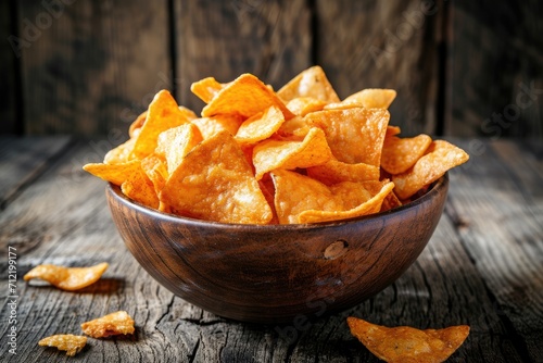 Chips cooked with cheese grilled and fried displayed on a wooden oak background