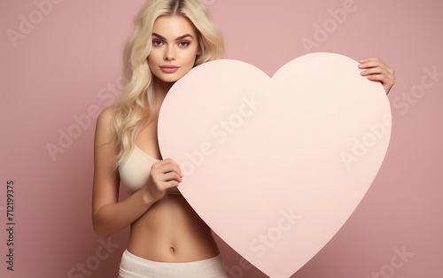 Studio shot of a beautiful smiling blonde girl holding a large heart shaped board, pink background. Valentine day mockup