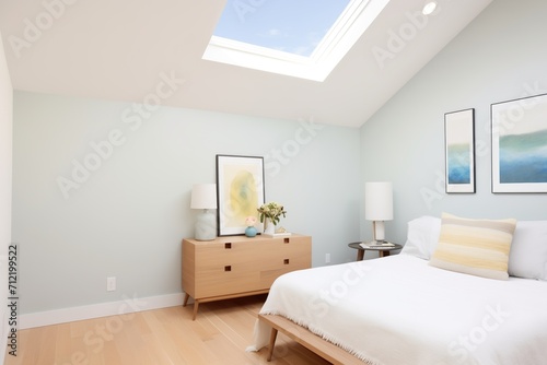 saltbox bedroom with skylights and minimalist design