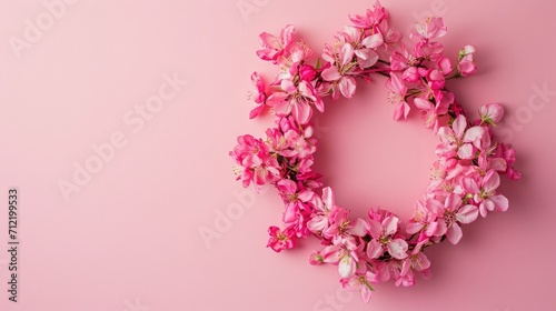 Flowers composition. Wreath made of pink flowers on pink background. Flat lay, top view, copy space © buraratn
