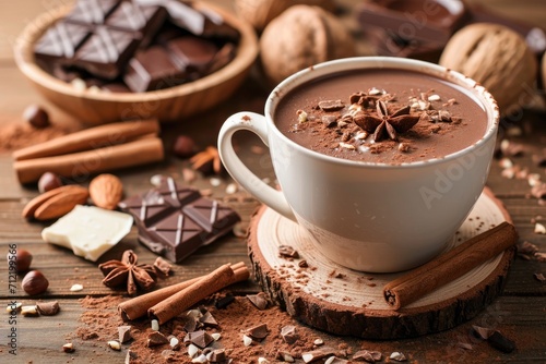 Hot chocolate with toppings on wooden table