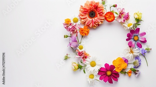 Flowers composition. Wreath made of various colorful flowers on white background. Easter, spring, summer concept. Flat lay, top view, copy space © buraratn