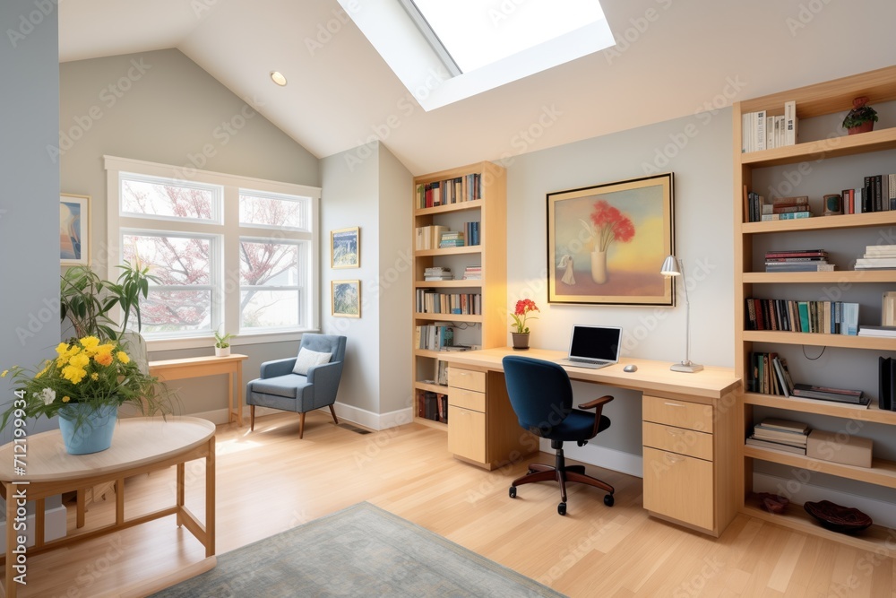 saltbox study room with builtin bookshelves and large desk