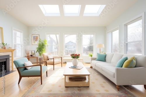 bright living room with large windows in saltbox architecture