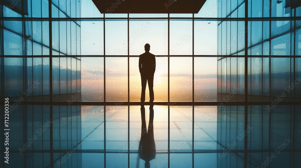Silhouette of businessman standing in office building corridor against light Silhouette of businessman standing in office building corridor against light