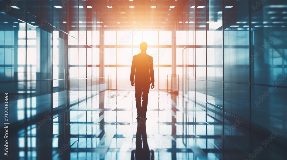 Silhouette of businessman standing in office building corridor against light Silhouette of businessman standing in office building corridor against light
