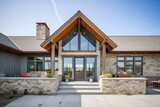 prairie guesthouse, mix of stonework and wooden accents