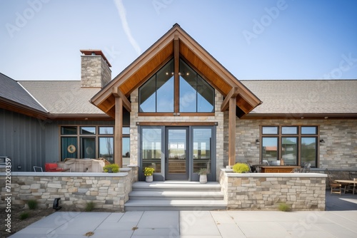 prairie guesthouse, mix of stonework and wooden accents