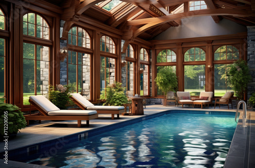 Modern interior of luxury private house. Swimming pull in cottage. Glass wall