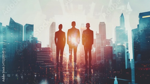 Silhouettes of three confident managers standing together in blurry abstract city with double exposure of cityscape and their team. Concept of leadership and international business. Toned image photo