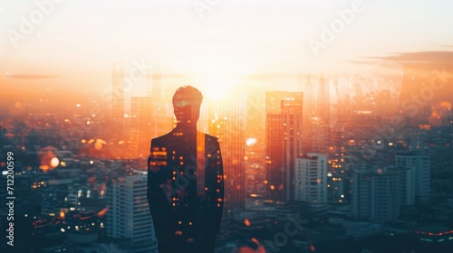 The double exposure image of the business man standing back during sunrise overlay with cityscape image. The concept of modern life  business  city life and internet of things
