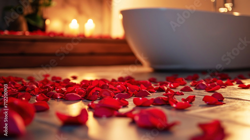 Rose petals on the floor with hotel bathtub in the background. Valentine's Day and Honeymoon concept.