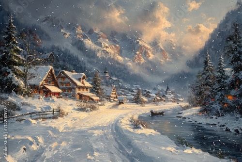  Snowy Village Winter Scene