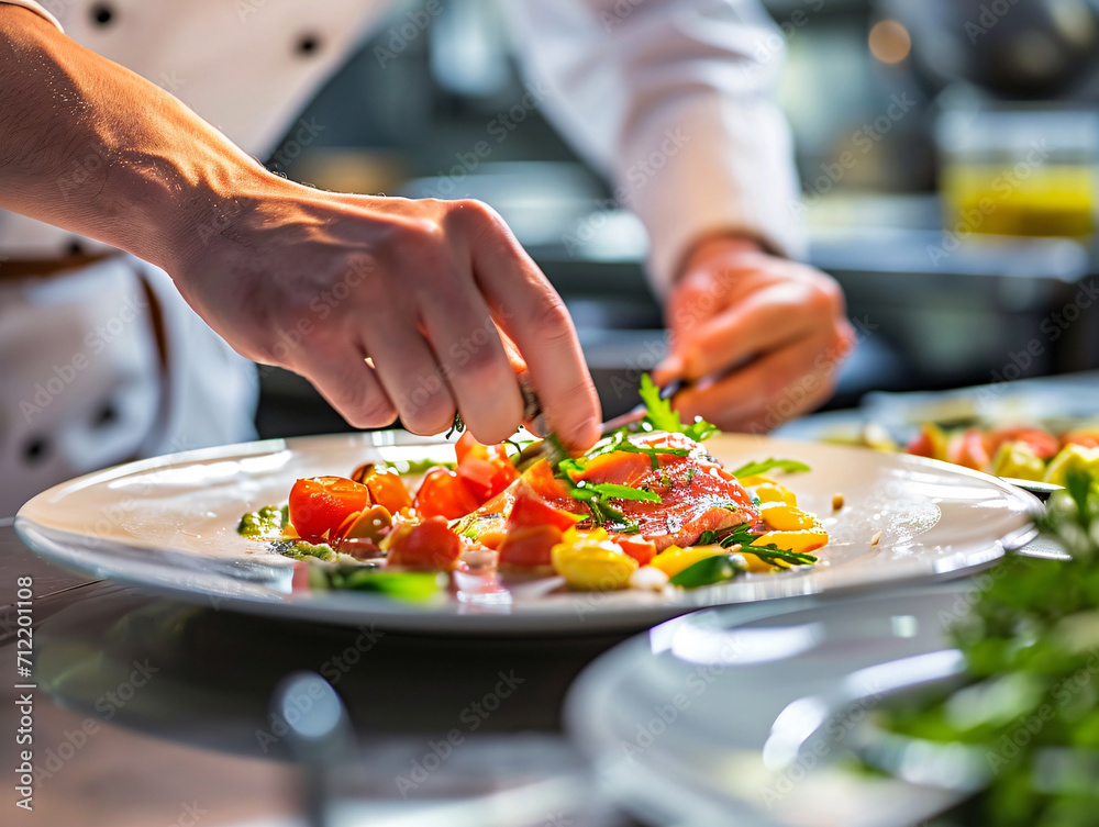 Chef meticulously adding fresh herbs to a tomato salad. Professional kitchen culinary art with focus on ingredient placement for design and print