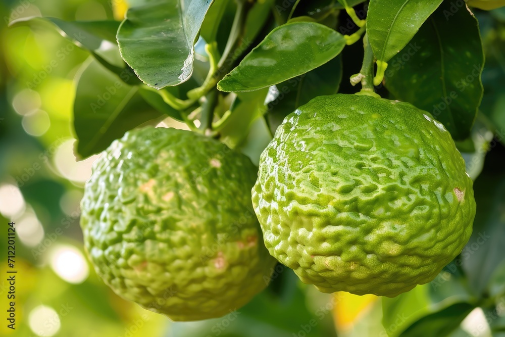 Fototapeta premium Citrus bergamia trees bearing green fruits known as bergamot oranges
