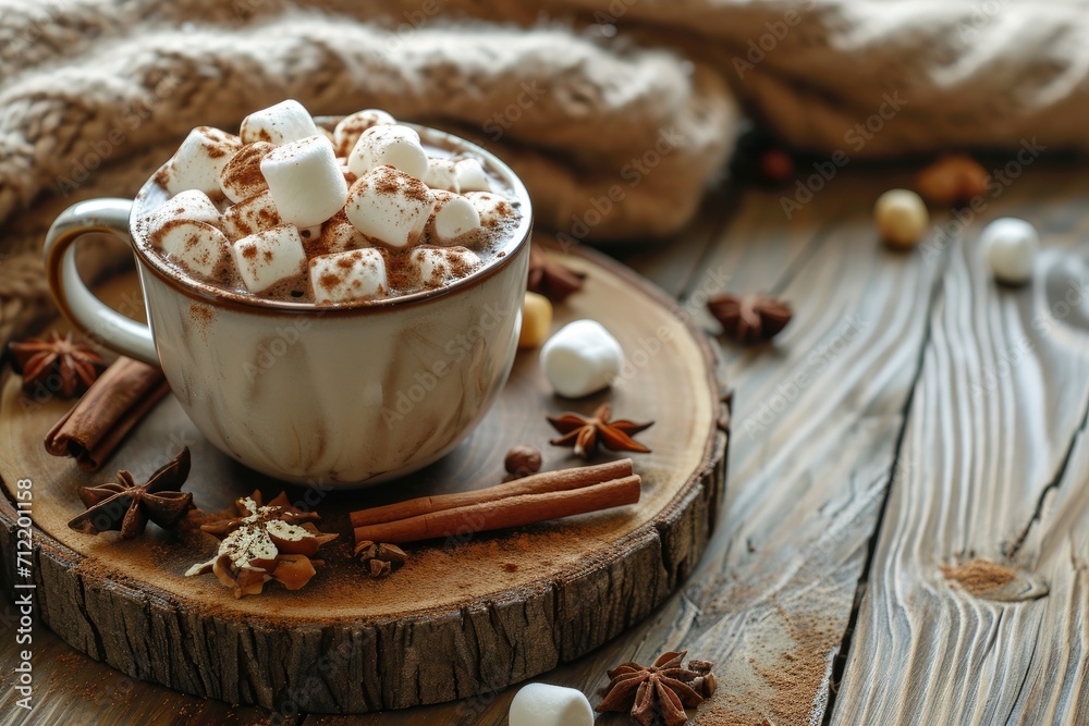 Autumn still life with cozy sweater coffee cocoa spices and wooden boards Autumn still life with cozy sweater coffee cocoa spices and wooden boards