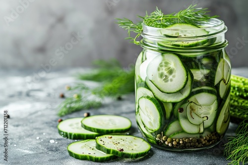 Fermented cucumber slices in a jar with dill photo