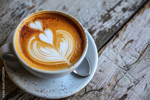 Heart shaped latte art atop a wooden table backdrop