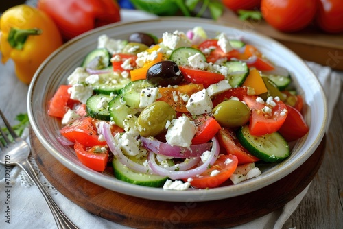 Fresh Greek salad with tomatoes onions cucumbers peppers olives and crumbled feta cheese served on a bed