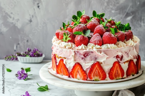 Homemade summer dessert with strawberries cream cheese on a white marble board with spring decoration Ideas for brunch or Easter