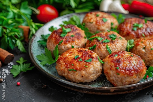 Healthy pan fried pork meatballs for a family meal © LimeSky