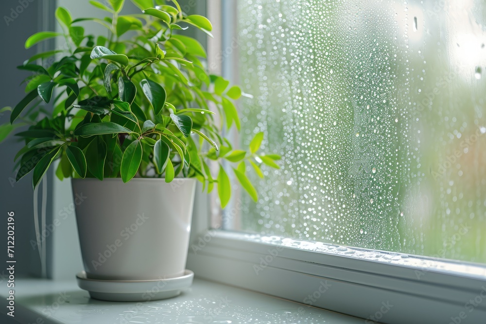 Selective focus on condensation on PVC window and white plastic window with a houseplant in the background Concept of indoor plants and humidity - obrazy, fototapety, plakaty 