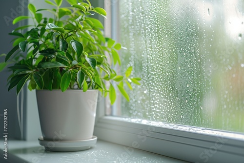 Selective focus on condensation on PVC window and white plastic window with a houseplant in the background Concept of indoor plants and humidity photo