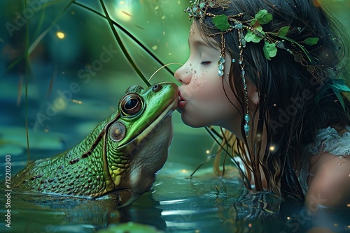 beautiful young woman kissing a frog
