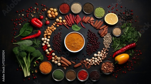 Top view of a composition of various ingredients for cooking vegetarian dishes and salads. Fresh vegetables, Fruits, legumes, Nuts, Cereals on a black background.